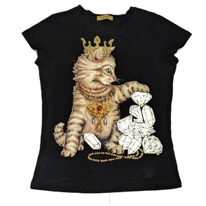 Vinizbena Black T-Shirt w/Beaded Bejeweled Royal Cat & Metallic Graphics Size M